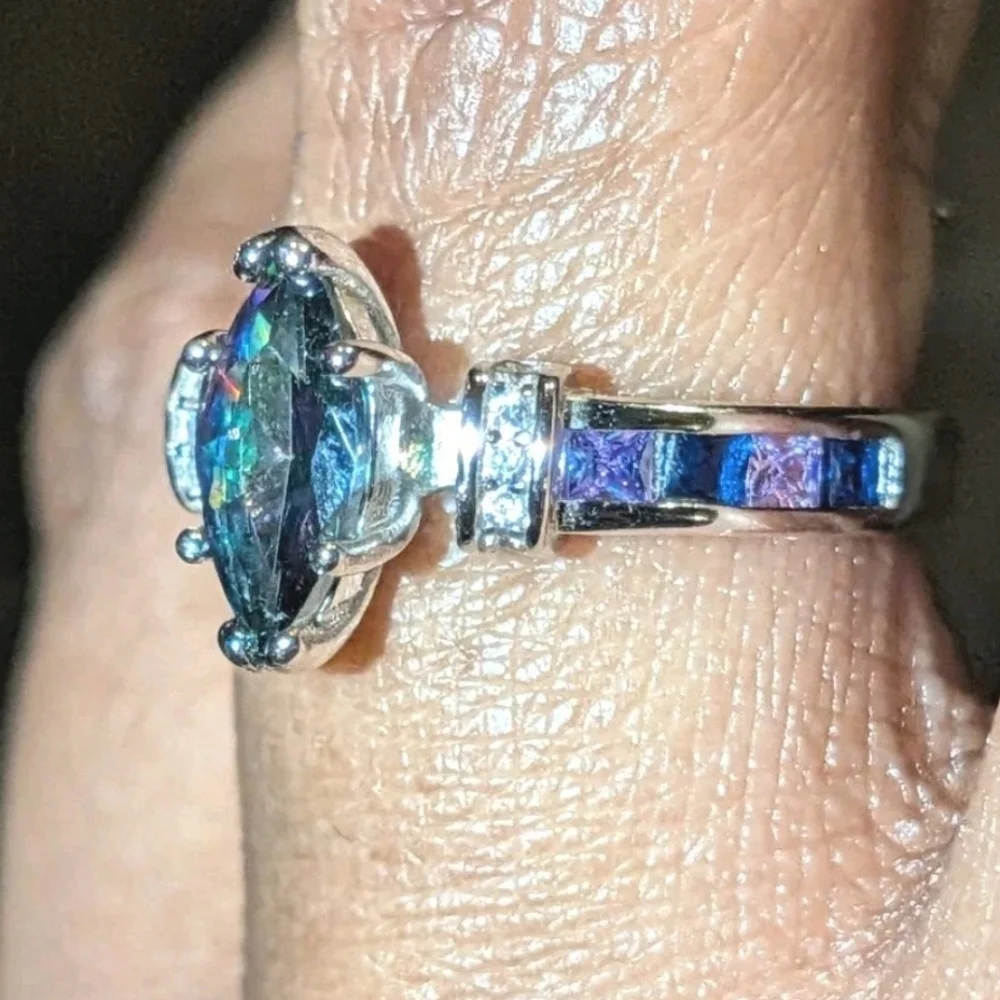 925 Sterling Silver Rainbow Fire Mystical Topaz + Amethyst Wedding Ring Sz 6